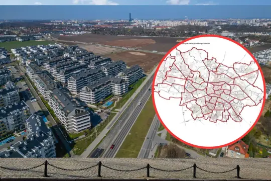 Widok z lotu ptaka na osiedle mieszkaniowe we Wrocławiu z nałożoną mapą podziału miasta na dzielnice.